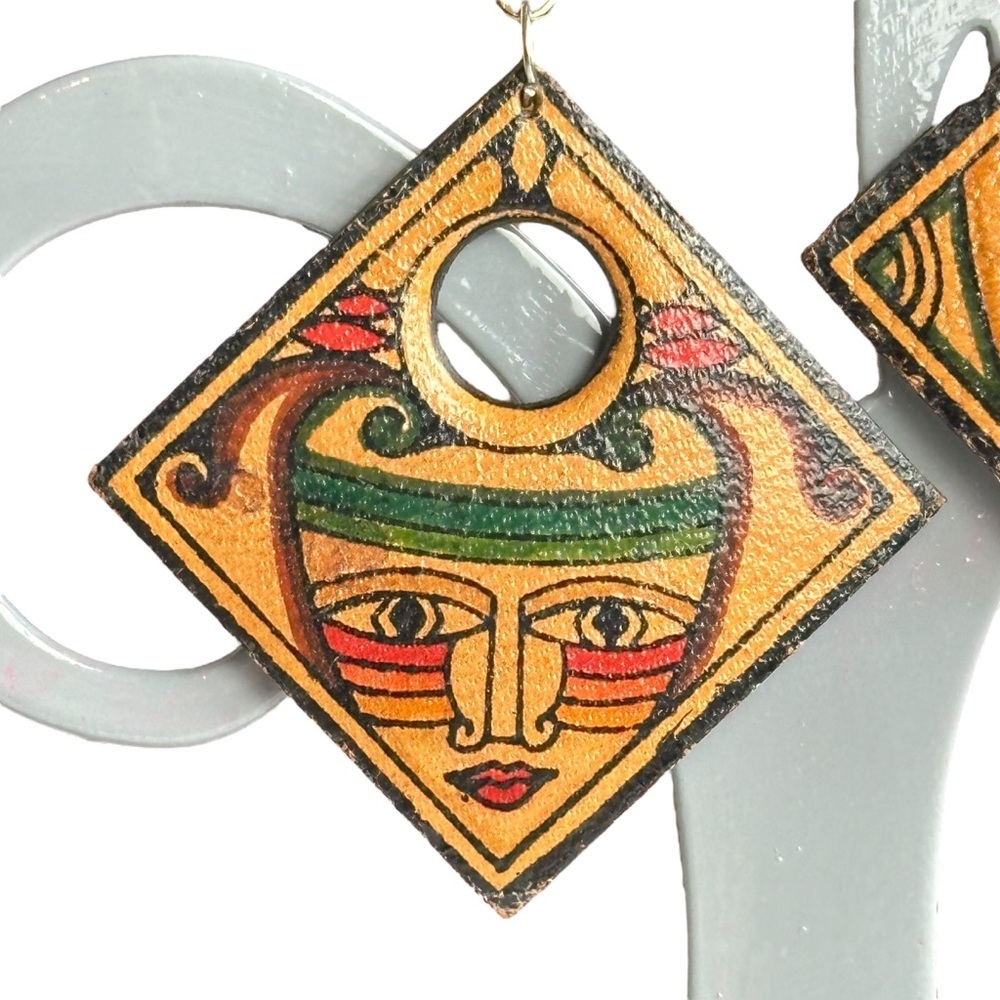 Vintage Mexican Tribal Painted Face Leather Drop Earrings - Picture 4 of 10